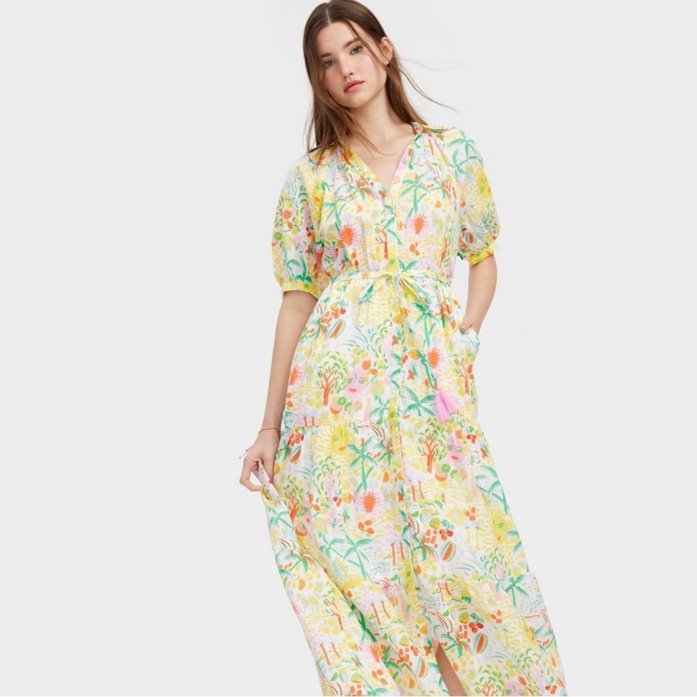 Roller Rabbit Floral Maxi Dress in White, Yellow, Green, Pink size L